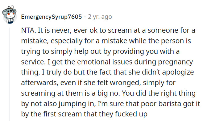 Screaming at someone for a mistake is never okay, especially when they are simply trying to provide a service. It is important for individuals to take responsibility for their actions and apologize, even if they feel wronged, in order to maintain respectful and considerate behavior.