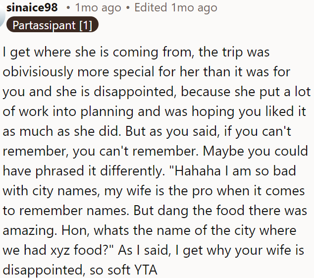 OP could have casually mentioned the difficulty with city names and focused more on praising the food.