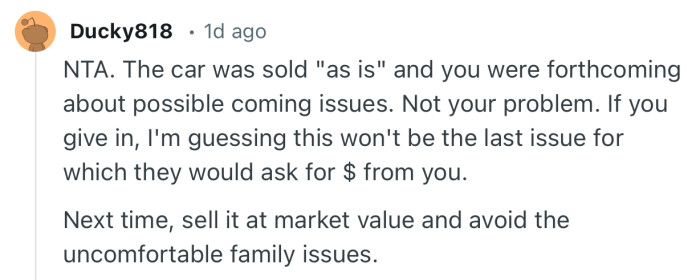 “Next time, sell it at market value and avoid the uncomfortable family issues.”