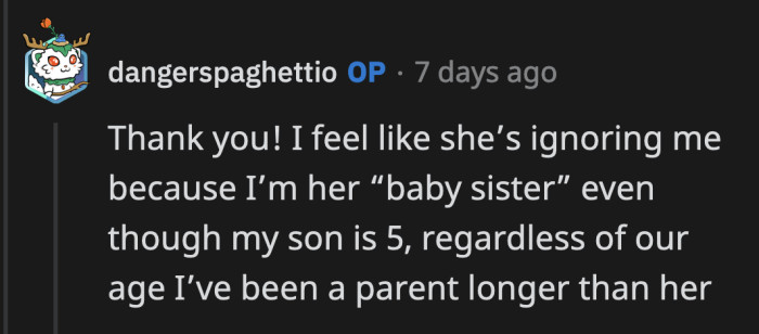 That is such a childish argument for OP's sister to make