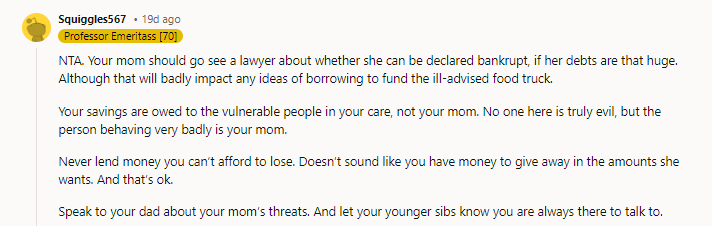 Speak to your dad about your mom’s threats.