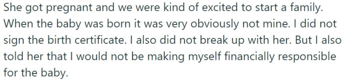 Excitement filled their hearts as they anticipated starting a family when she became pregnant, but when the baby arrived, it was clear the child wasn't his. He decided not to end the relationship but made it known that he wouldn't take on any financial responsibility for the baby.