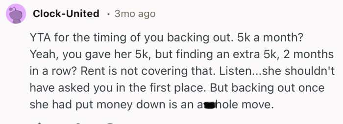 “YTA for the timing of you backing out.”