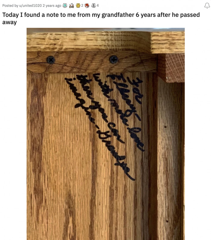 7. The note was written underneath the bookcase her grandpa made for her. It reads: