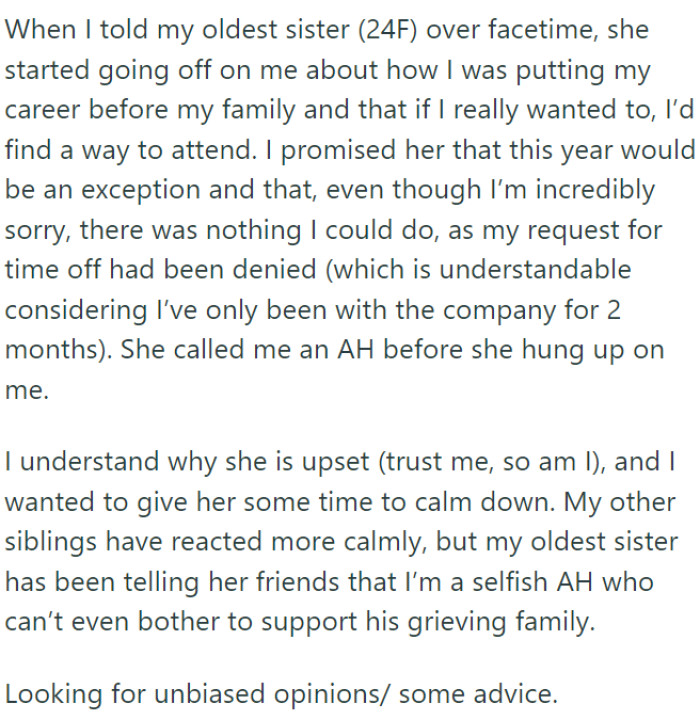 As a way to honor their mother's memory and maintain the connection, especially for the younger siblings, the family would gather every year on the anniversary of her death. This year, however, OP finds himself unable to join.