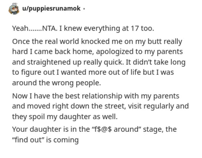 The parent shares their experience and advice for the daughter's rebellious behavior