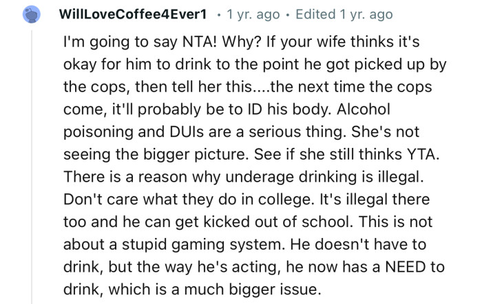 “Alcohol poisoning and DUIs are serious issues. She's not seeing the bigger picture.”