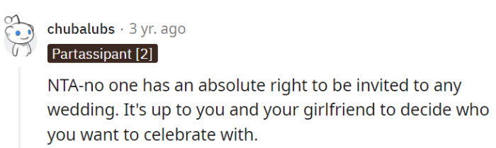 In the end, it's OP and their girlfriend who hold the exclusive power to decide who to invite for their celebration.