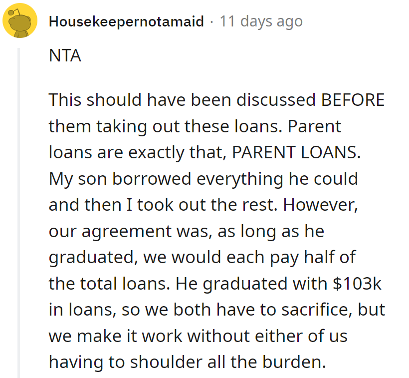 They split the loan, not the blame. Now that's what one calls a debt-sharing agreement!
