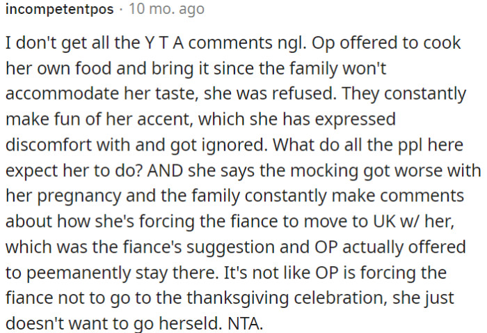 OP is not stopping her fiancé from going to Thanksgiving; she just doesn't want to attend herself.