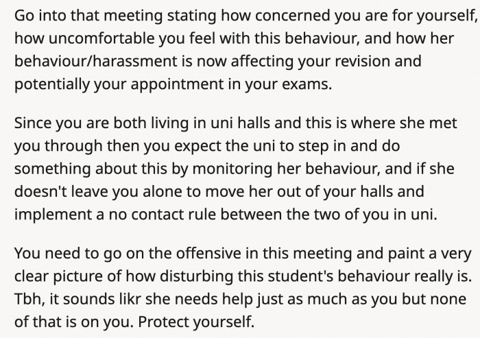 OP should state exactly how Kaya's behavior raised some red flags and emphasize the university's duty to keep her safe from would-be harassers like Kaya.
