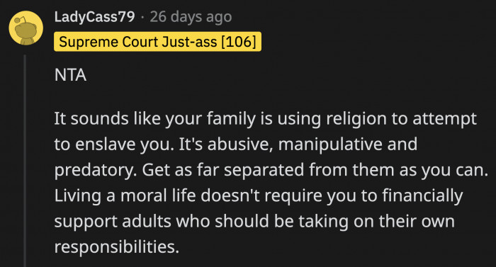 OP's windfall does not automatically make her immoral, and it's very cunning of her mom to use their religious belief against her.