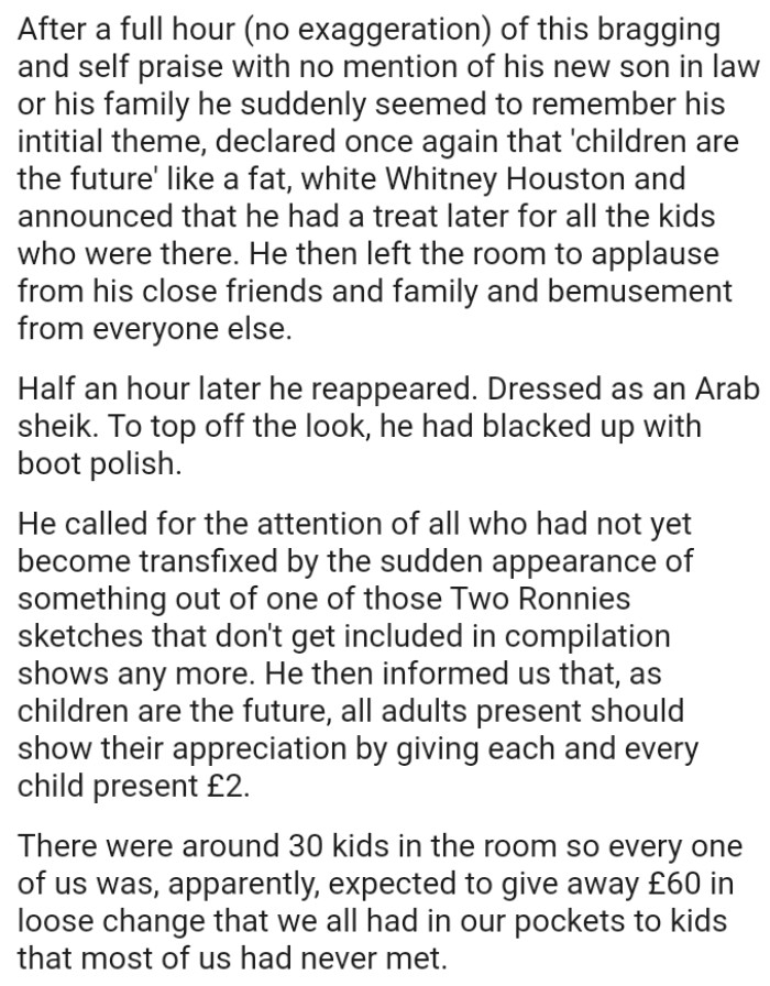 To top off the look, the bride's father had blacked up with boot polish