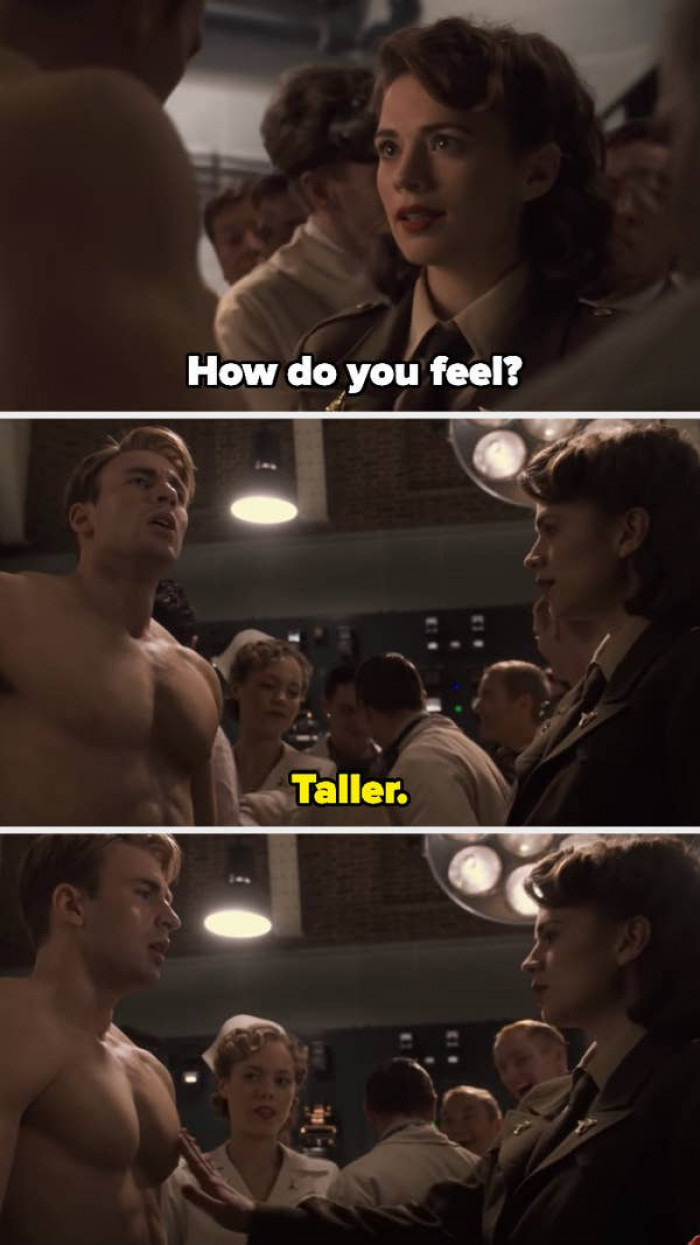 7. In Captain America: The First Avenger (2011,) Hayley Atwell's Agent Peggy Carter was not scripted to hesitantly reach for Captain America's chest, but who could resist Chris Evans half naked?
