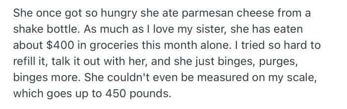 According to OP, her sister spends the day binge eating, purging, and eating again