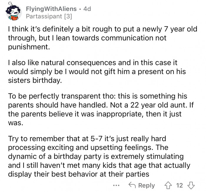 “This is something his parents should have handled, not a 22-year-old aunt.”