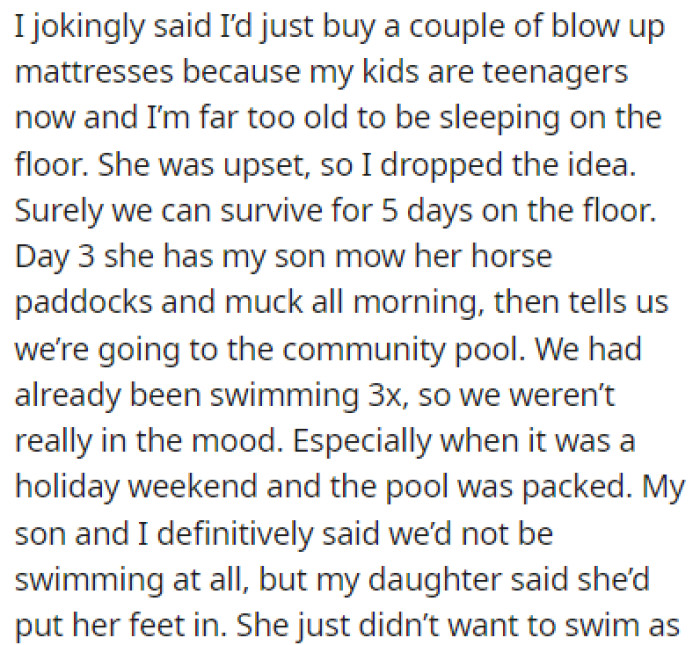 OP and her kids were forced to sleep on the floor during the visit