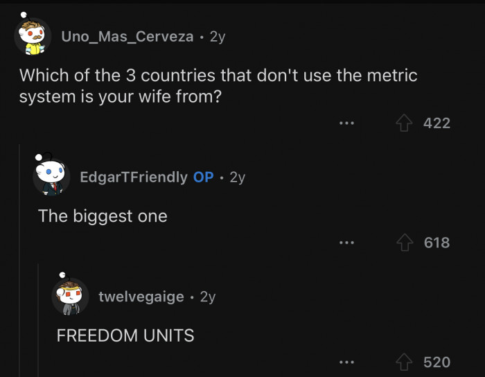 The freedom units that the rest of the world doesn't use.
