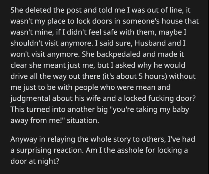 She then accused OP of going out of line. OP said she and her husband won't visit anymore, which brought another slew of arguments.