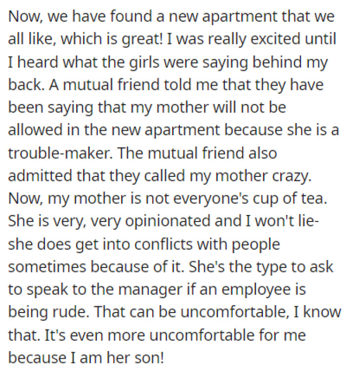 OP Found Out That His Future Roommates Were Saying That His Mother Is Crazy