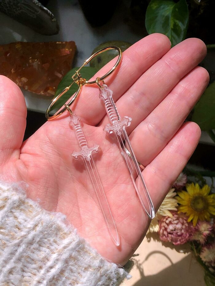 "Made These Sword Earrings Out Of Clear Acrylic! Let Me Know What Ya Think!"