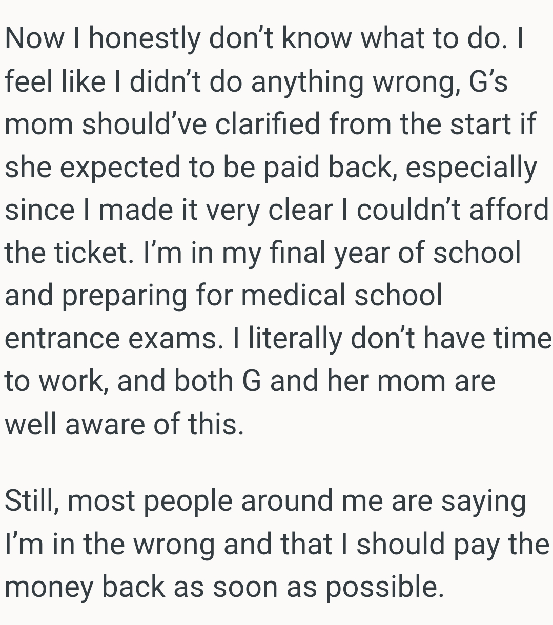 OP's in her final year of school