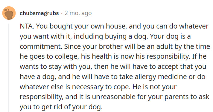 OP's brother's health responsibility changes with adulthood.