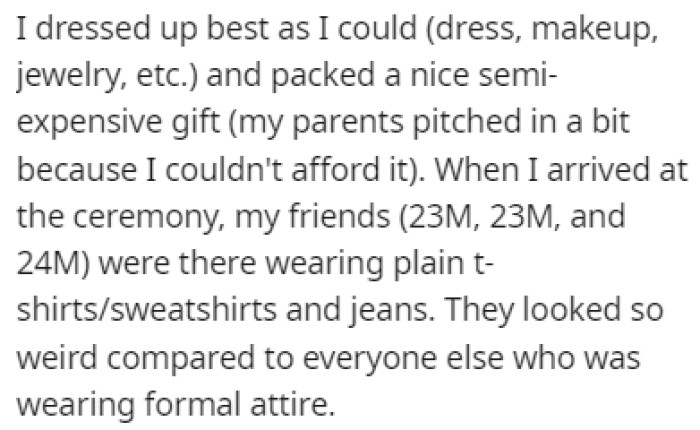 OP put a lot of effort into her looks for the special day, and she got the couple the best gift she could afford