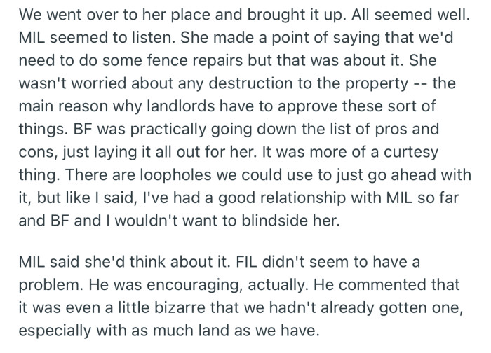 OP and Her Boyfriend Approached MIL to Get Approval for Them to Get a Dog