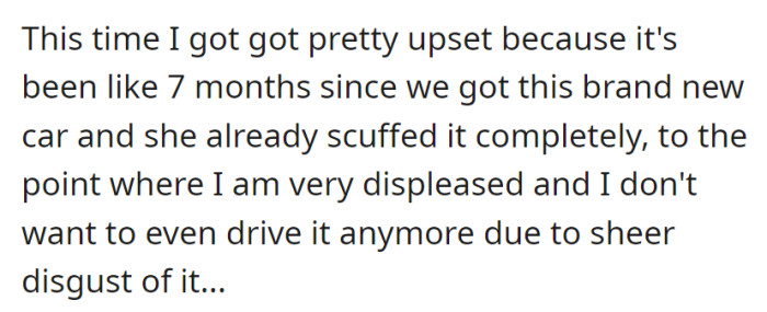 After seven months, the husband was deeply upset by the significant scuffs on the car, making him reluctant to drive it.