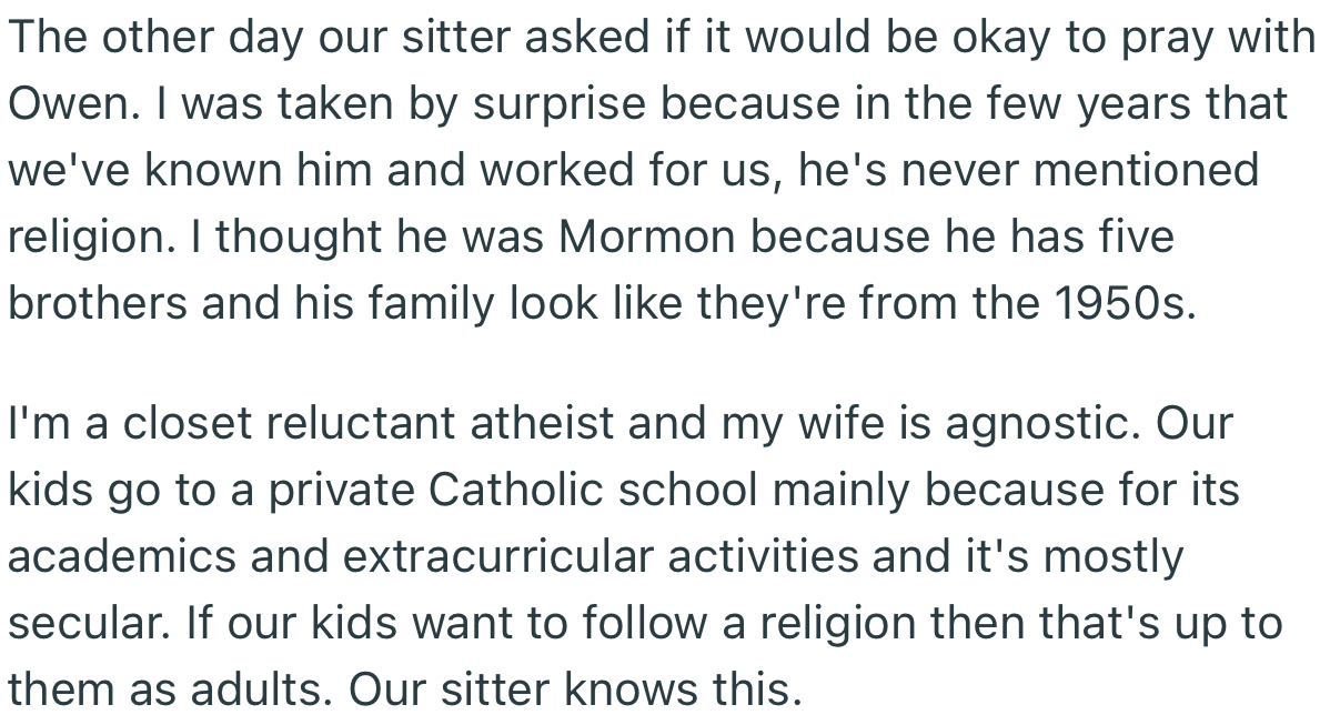 OP was taken aback when the sitter asked if he could pray with their ill son