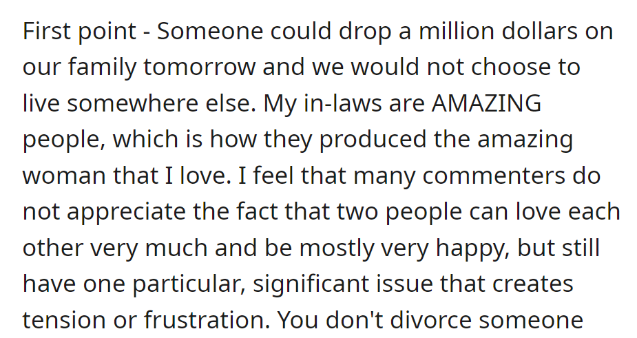 They cherish their living situation and praise their in-laws. They highlight the complexity of love amid tension, contrary to some comments.
