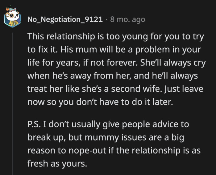 Consider it a bad investment and walk away while you can. OP is way too young to think she can fix mommy issues.