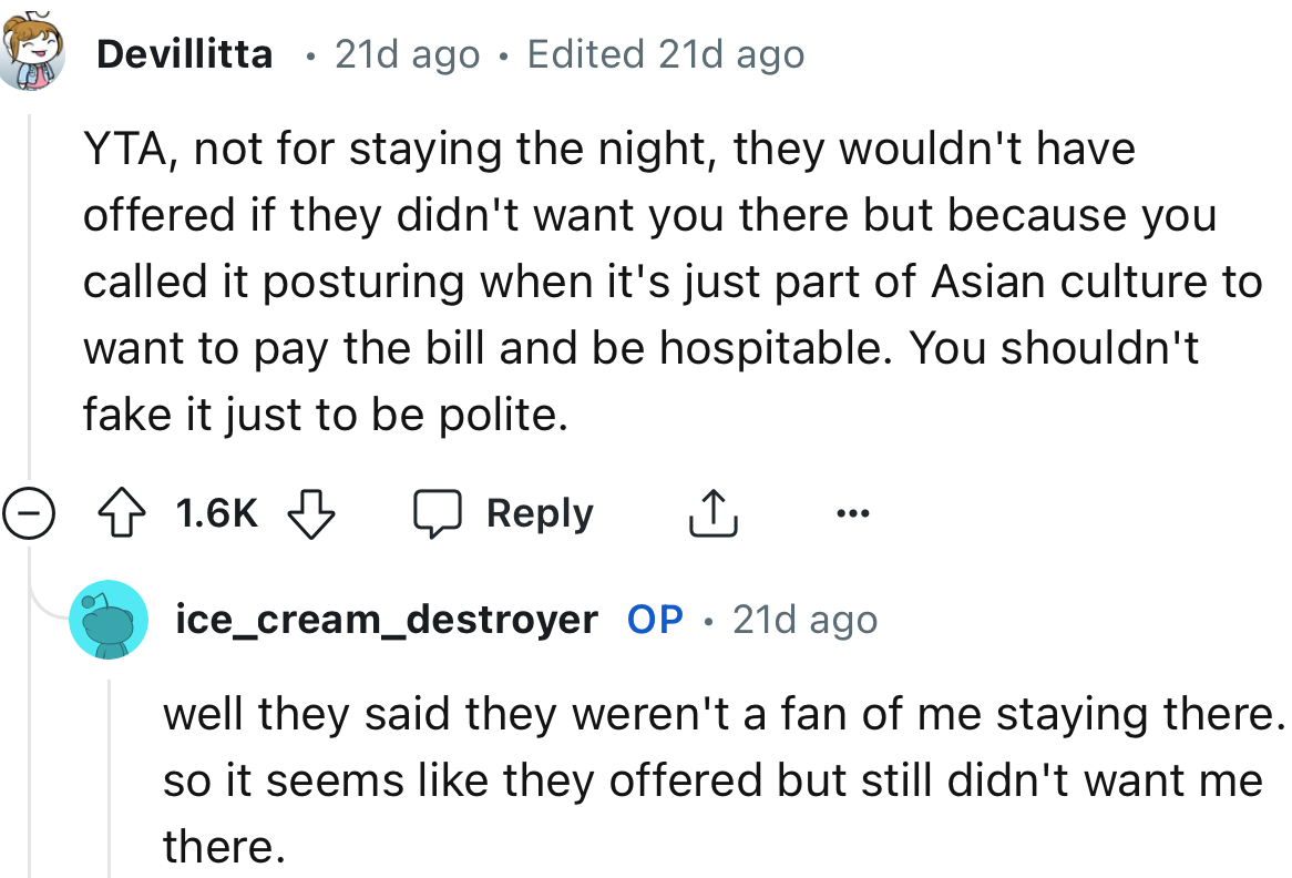 “YTA, not for staying the night, but because you called it posturing when it's just part of Asian culture.”