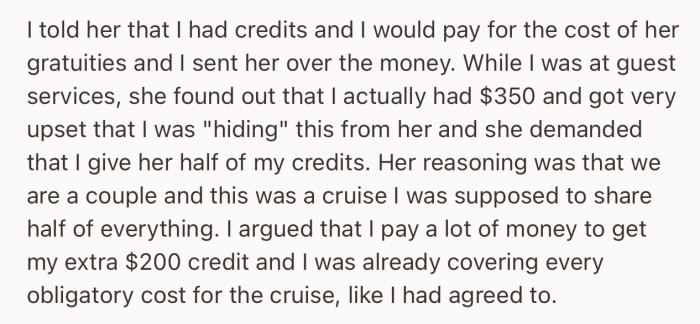 OP’s girlfriend demanded that he give her half his credits since they’re a couple