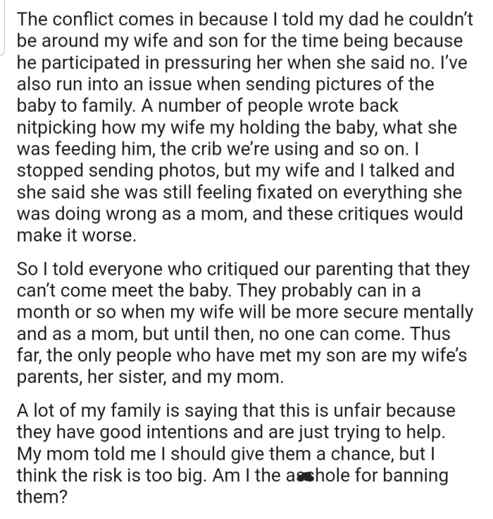 OP went further to ban everyone who critiqued their parenting from seeing their new born son
