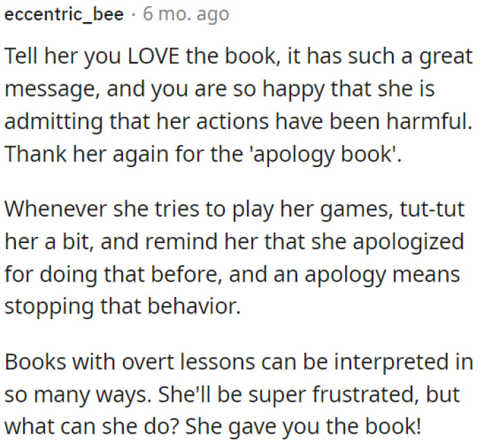 OP should highlight the ambiguity of books with clear lessons, leaving her frustrated yet unable to object since her mother-in-law gifted her the book.