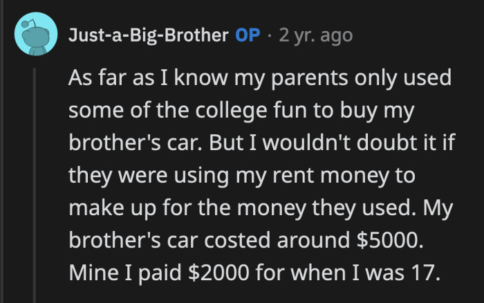 They probably pay for his car insurance as well since they never pushed him to get a part-time job.