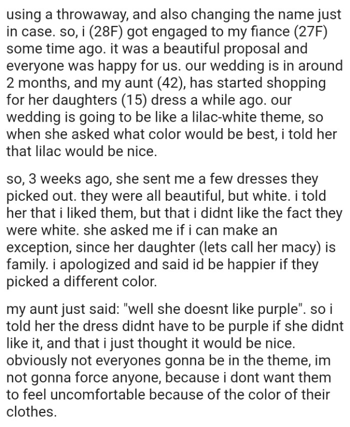 OP's aunt sent her a few dresses they picked out, and they were all beautiful, but white