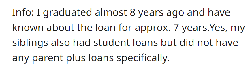 OP graduated 8 years ago, aware of the loan for 7 years. Siblings had student loans, not Parent PLUS loans.
