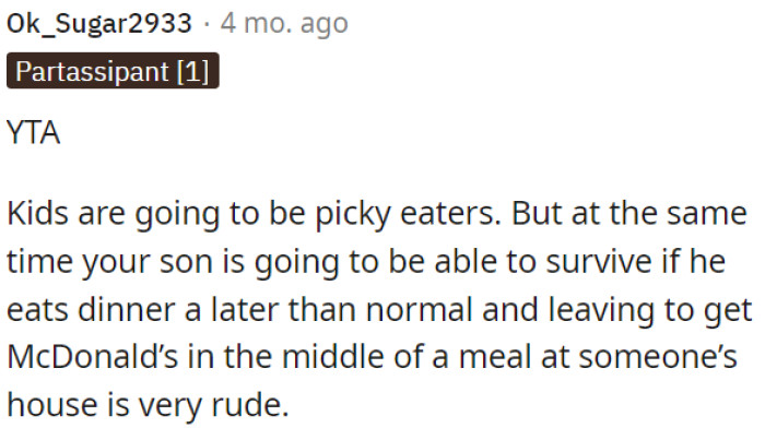 Leaving to get McDonald's in the middle of a meal at someone's house is extremely impolite.