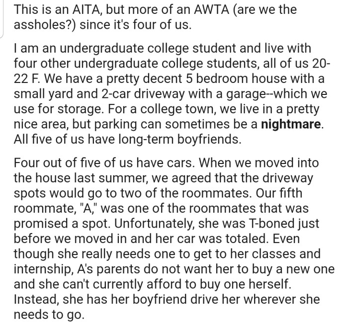 OP's Area Has Limited Parking Space, but They and Their Housemates Have Found a Way to Share the Little They Have