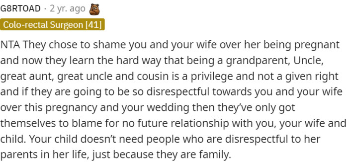 OP's family chose to shame and disrespect him and his wife over the pregnancy and wedding