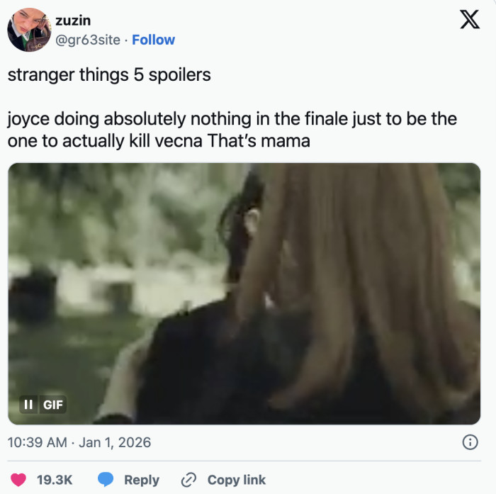 Joyce’s role did not go unnoticed either. “Joyce doing absolutely nothing in the finale just to be the one to actually kill vecna That’s mama,” one fan commented.