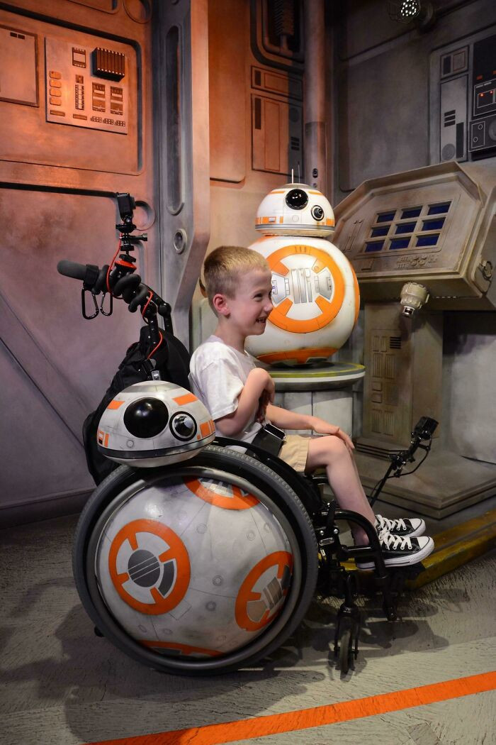 "I Turned My Son’s Wheelchair Into Bb8 For Star Wars Day And Took Him To Hollywood Studios. This Is Coen In His Bb8 Chair Meeting Bb8"