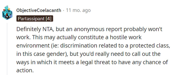 Anonymous reports are like office ghosts; time to light up the legal path and make HR see the gender discrimination issues.