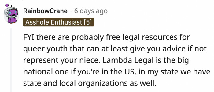 They can also try reaching out to LGBTQIA+ organizations for proper guidance about their next steps and a potential mental health checkup for her niece.