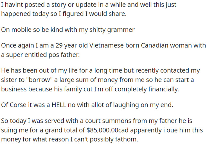 OP estranged from her entitled father for some time, recently received a court summons, he suing her for $85,000 CAD