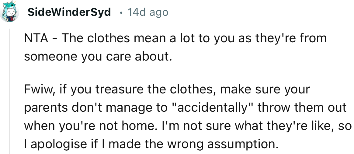 “NTA - The Clothes Mean a Lot to You as They're from Someone You Care About.”