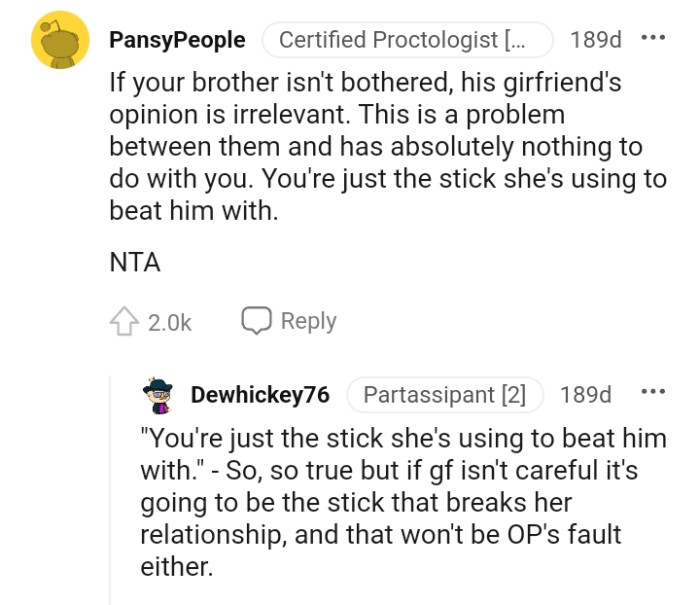 OP's the stock she's using to beat her brother.